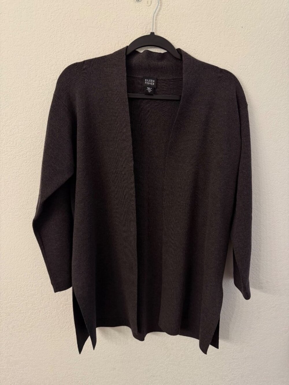 Eileen Fisher Open Front Wool Cardigan size Medium Dark Charcoal Gray Of Italian